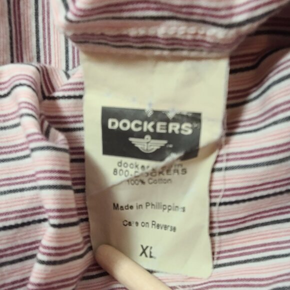 Dockers XL Striped Short Sleeve Shirt Pink White Black Cotton Button-Front - Picture 4 of 8